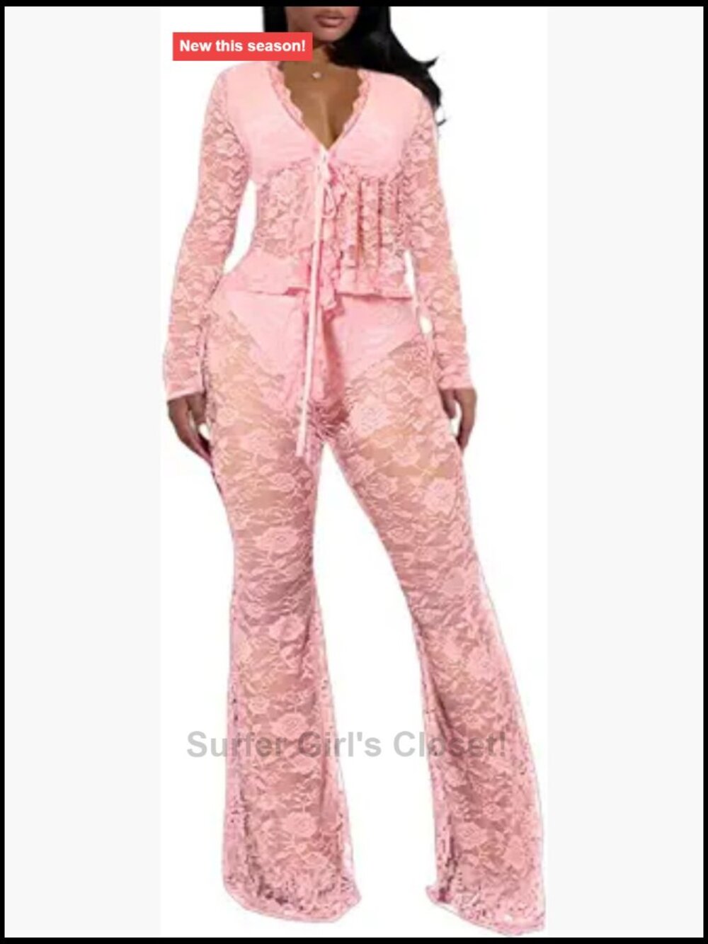 2 Piece Lace Outfits for Women Crop Top and Flared Pants Sheer Bodycon Y2K